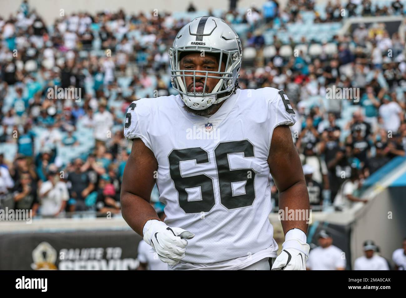 Las Vegas Raiders guard Dylan Parham (66) walks the sideline before an NFL  football game against the Jacksonville Jaguars on Sunday, Nov. 6, 2022, in  Jacksonville, Fla. (AP Photo/Gary McCullough Stock Photo - Alamy