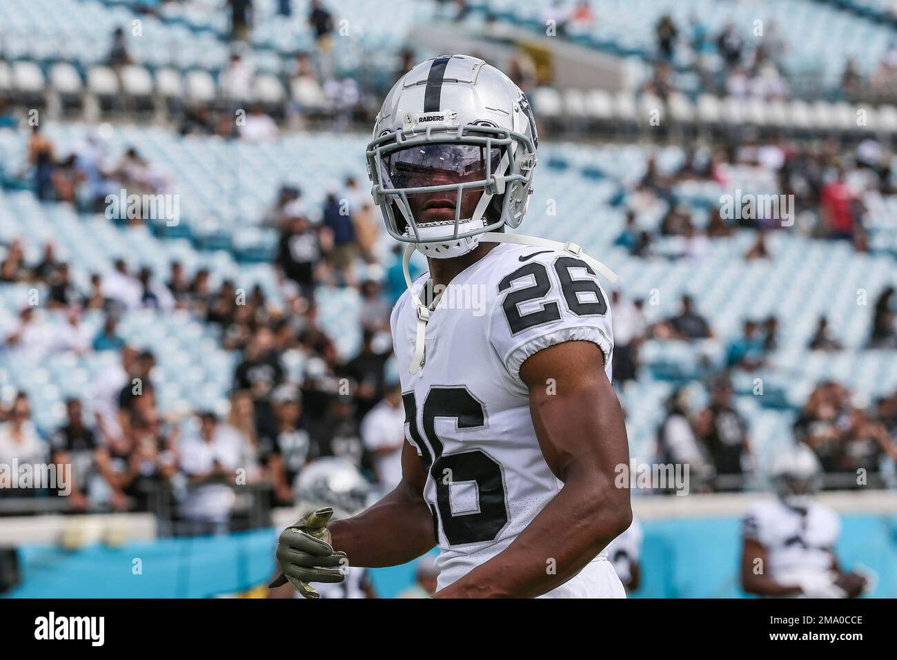 Las Vegas Raiders cornerback Rock Ya-Sin (26) leaves the field against the Indianapolis  Colts during the first half of an NFL football game, Sunday, Nov 13, 2022,  in Las Vegas. (AP Photo/Rick