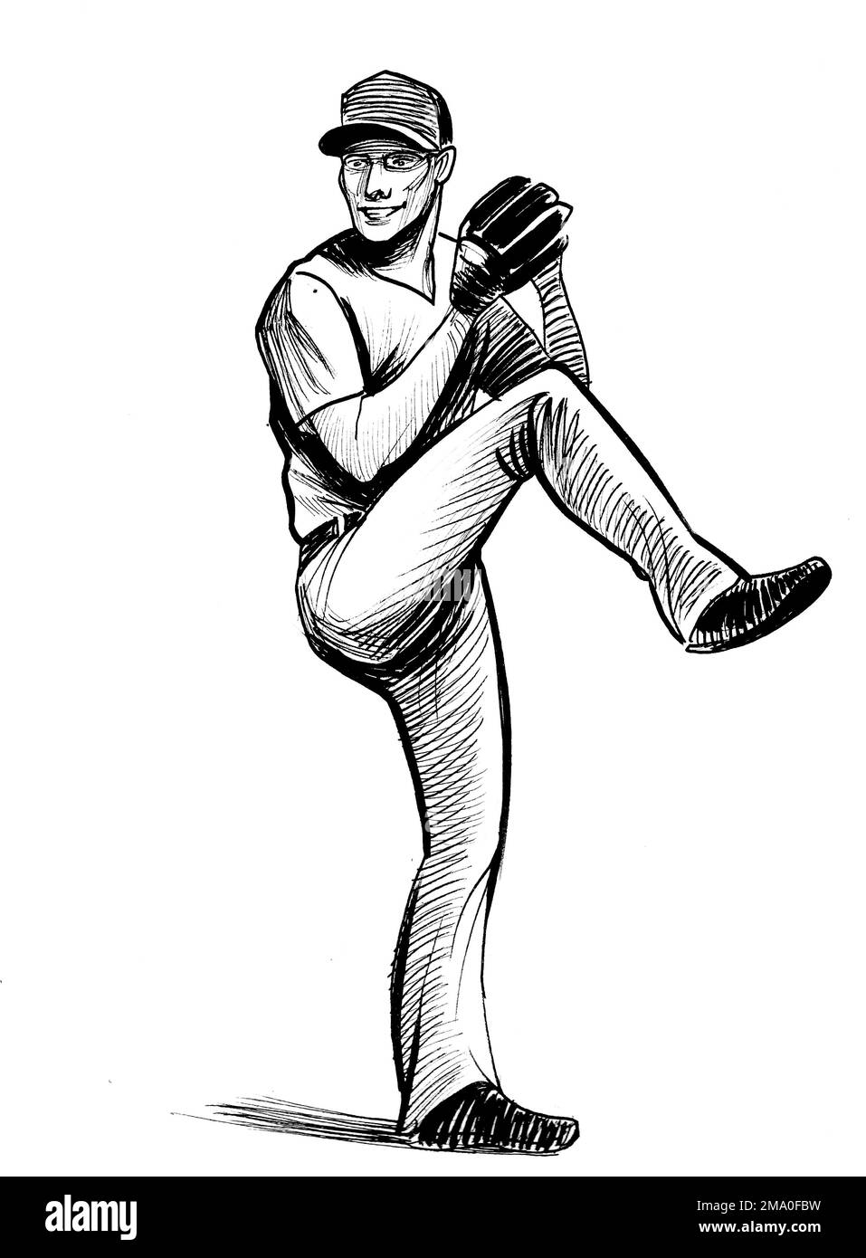 Baseball player throwing a ball. Ink black and white drawing Stock