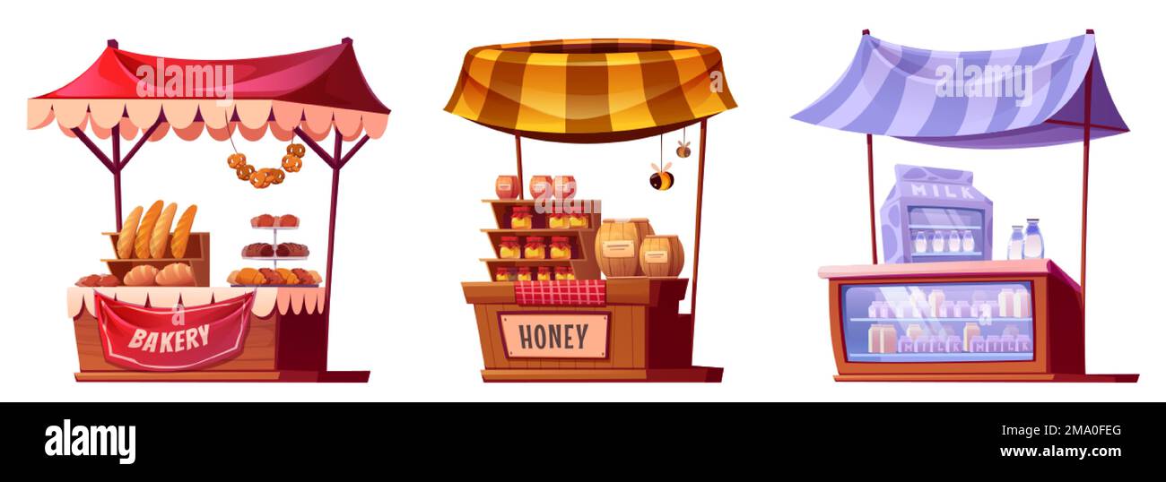 Farm market stalls, wooden fair booths, isolated kiosks with striped awning and farmer food honey, dairy products and vegetables. Wood vendor counters Stock Vector