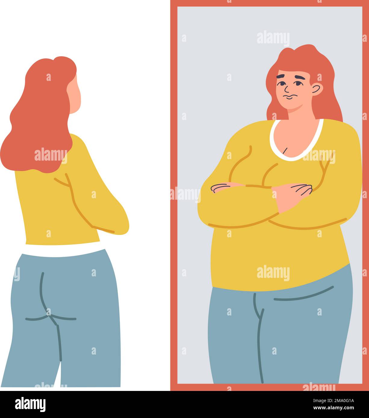 Thin female character looking at distorted overweight reflection in mirror feeling upset and sad. Woman with psychological problems looking for bad in Stock Vector
