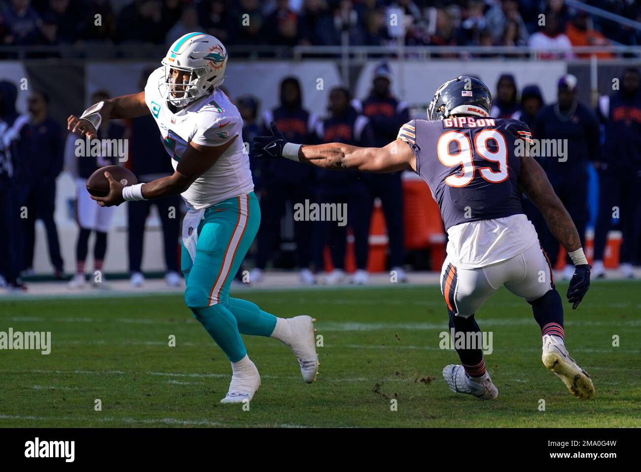 Chicago Bears defensive end Angelo Blackson (90) walks off the field  following an NFL football game against the New England Patriots, Monday,  Oct. 24, 2022, in Foxborough, Mass. (AP Photo/Stew Milne Stock