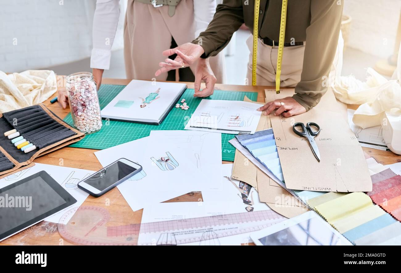 Planning, creative and fashion designer hands with teamwork ...