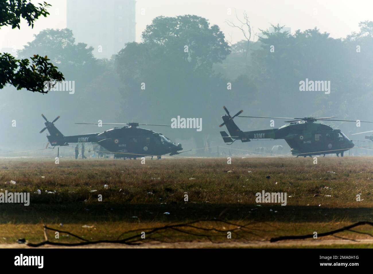 Kolkata, India 15th December 2022. Military helicopter is ready to fly on a ground in a city. Stock Photo