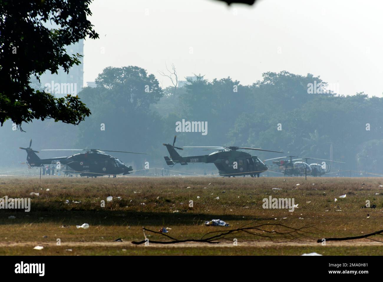 Kolkata, India 15th December 2022. Military helicopter is ready to fly on a ground in a city. Stock Photo