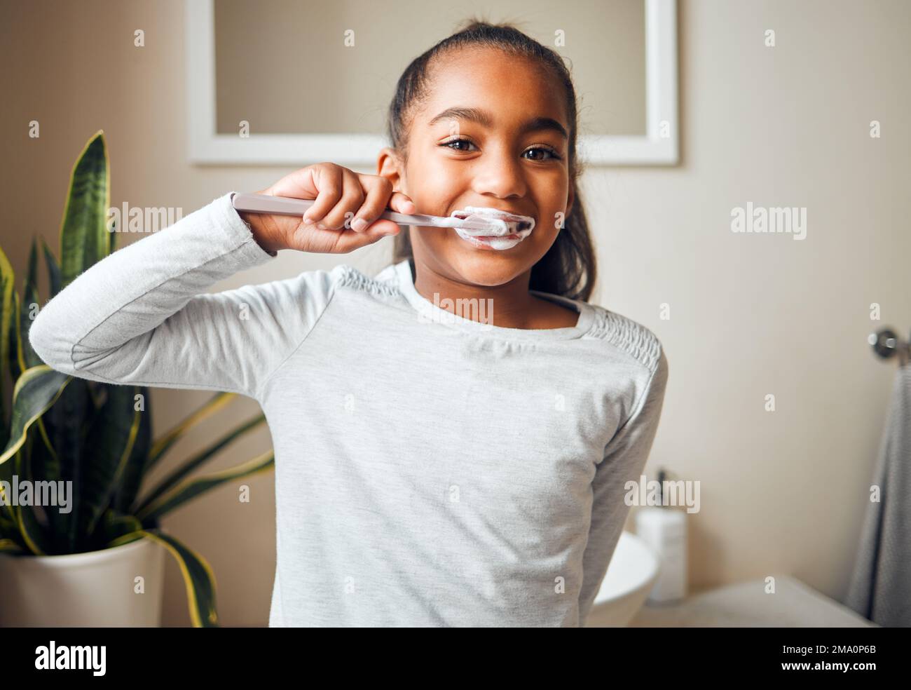 Girl Brushing Teeth Portrait And Toothbrush For Hygiene With Clean Mouth And Fresh Breath With