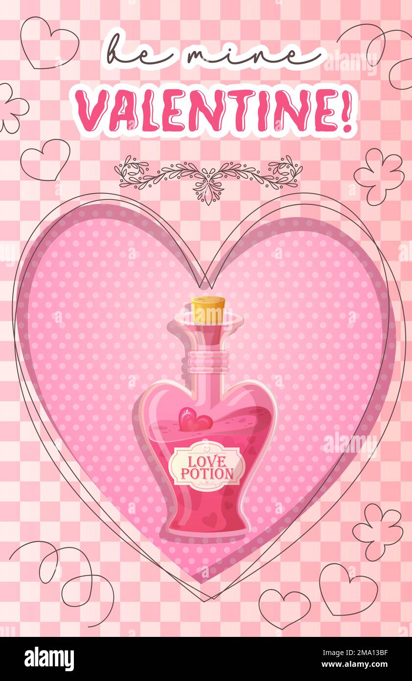 Valentines day poster. Be mine valentine card with love potion in heart