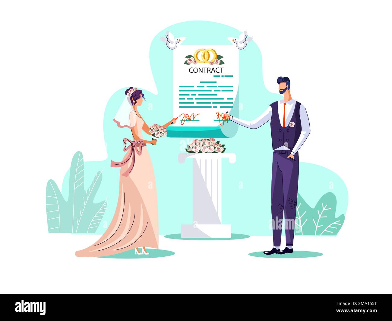 Marriage contract concept vector illustration. Couple of newlyweds, bride and groom sign marriage agreement during wedding ceremony, husband and wife register obligations. Wedding invitation card Stock Vector