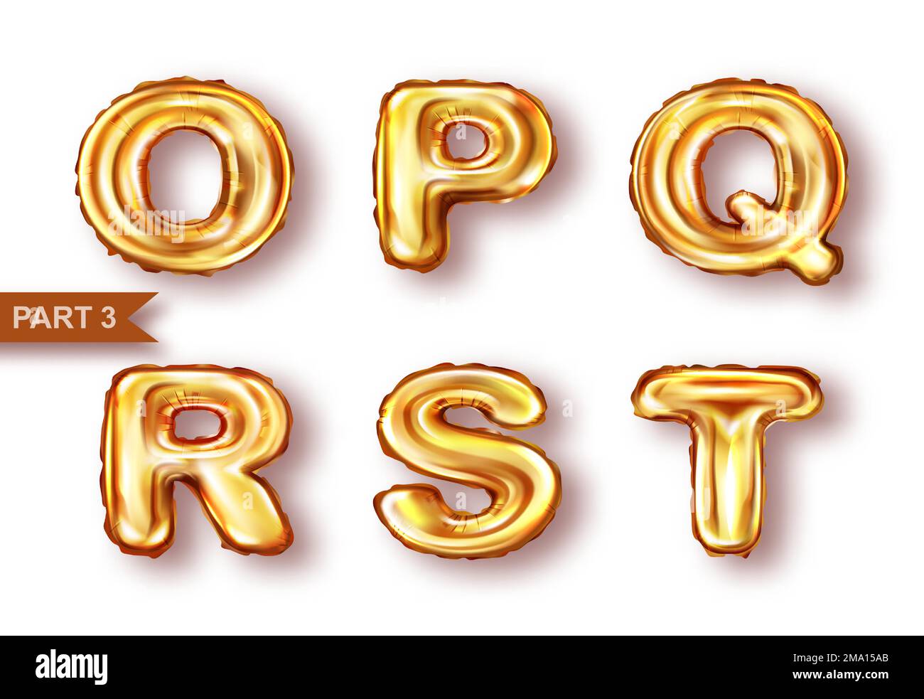 Alphabet golden balloons realistic vector. Inflatable golden letters of metal foil for childrens parties, shining font isolated on white background, part 3 Stock Vector