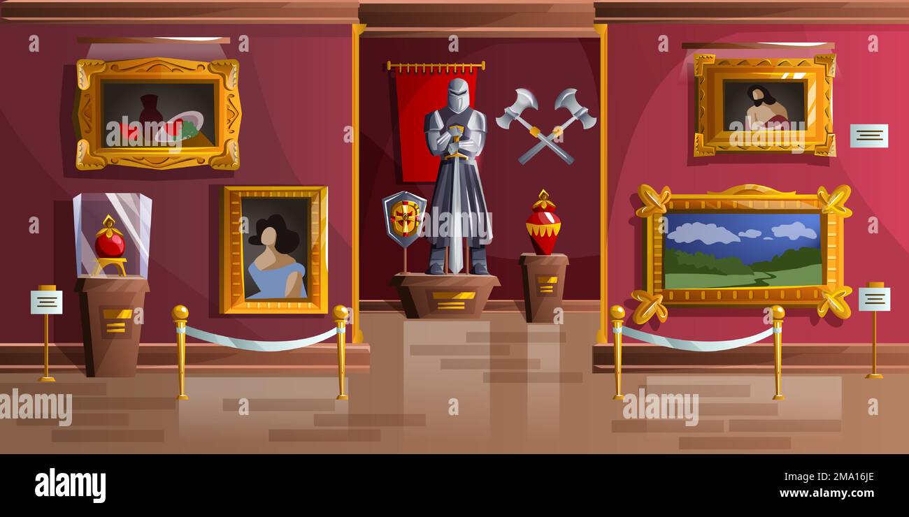 Museum exhibition room cartoon vector illustration. Palace interior, art gallery of medieval castle, empty hall with ancient portraits, knight armor statue and ancient weapons on wall, game background Stock Vector