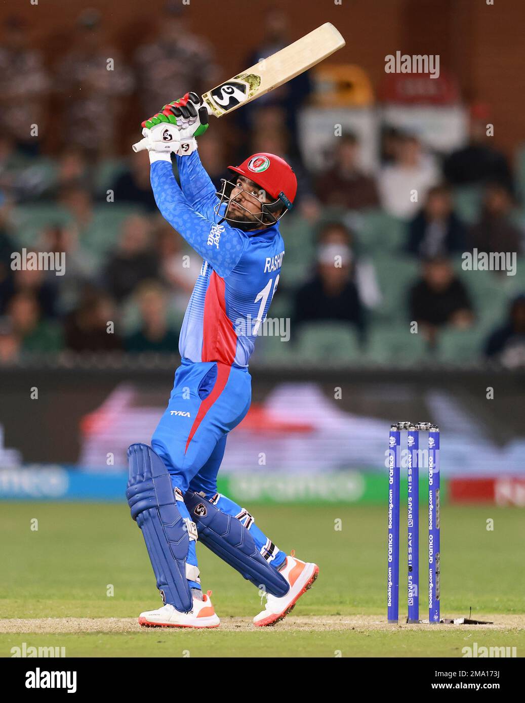 Afghanistan's Rashid Khan bats during the T20 World Cup cricket match