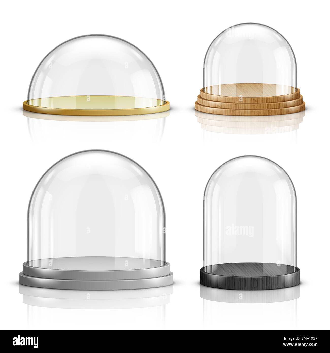 Glass dome and wooden and plastic tray realistic vector. Glass round dome of various shapes with plate, food storage container or product presentation case with reflection isolated on white background Stock Vector