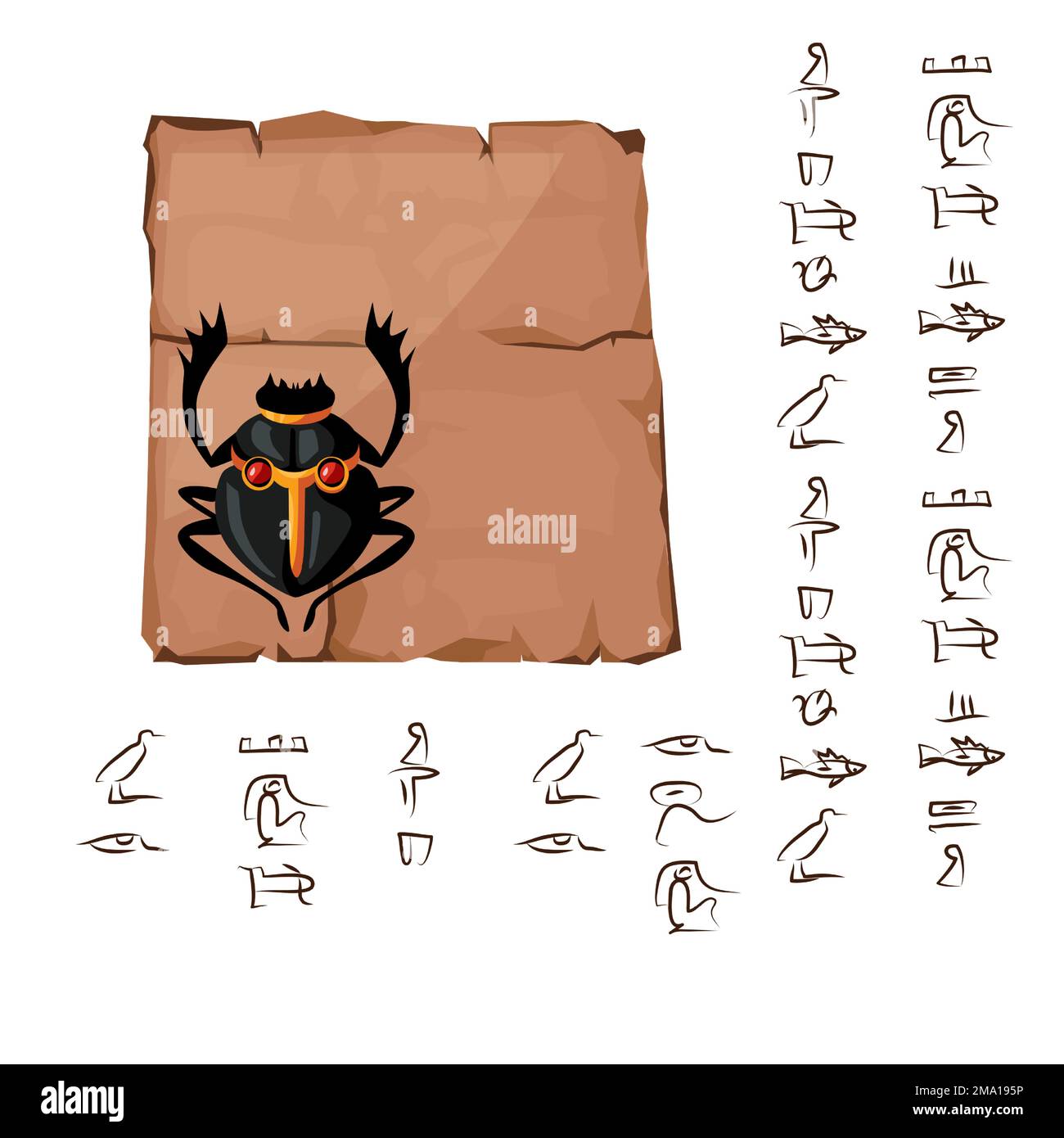 Ancient Egypt papyrus part or or stone column with sacred scarab beetle cartoon vector illustration. Egyptian culture symbol, blank unfolded ancient paper with ibis and hieroglyphs, isolated on white Stock Vector