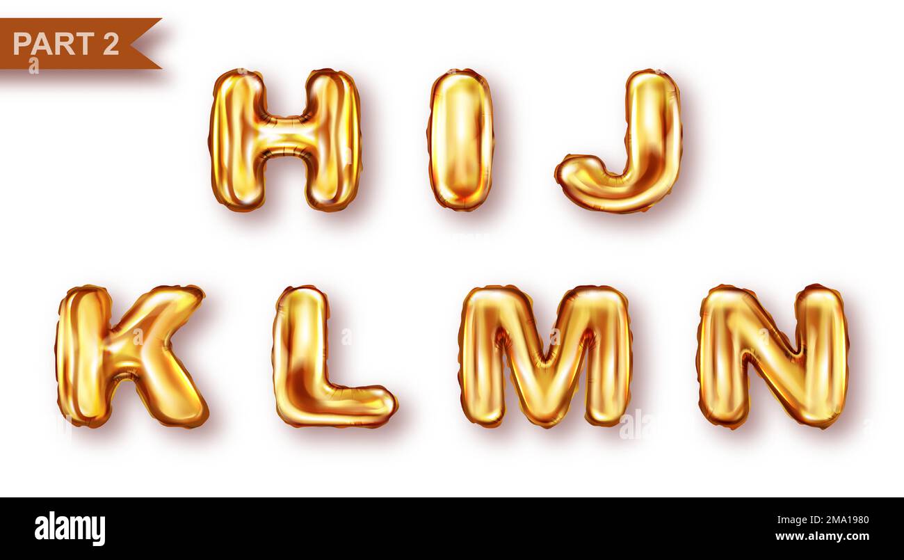 Alphabet golden balloons realistic vector. Inflatable golden letters of metal foil for childrens parties, shining font isolated on white background, part 2 Stock Vector