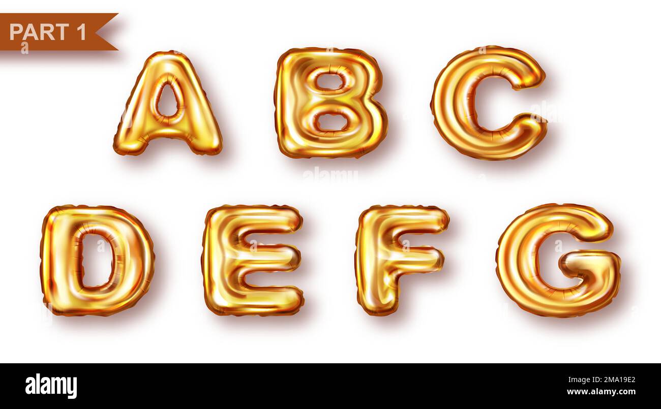 Alphabet golden balloons realistic vector. Inflatable golden letters of metal foil for childrens parties, shining font isolated on white background, part 1 Stock Vector