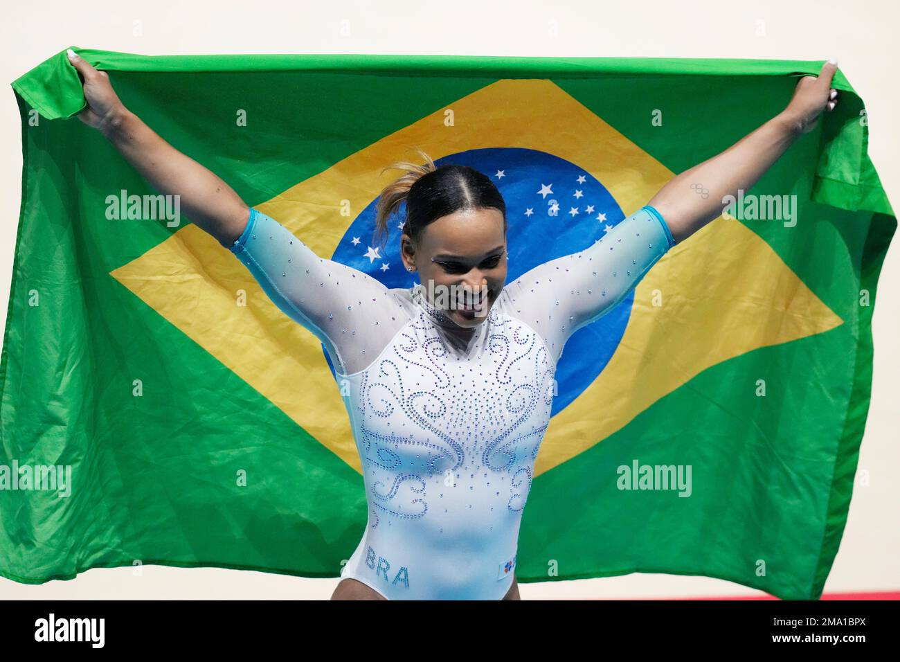 Rebeca Andrade of Brazil celebrates as she won the gold medal at the