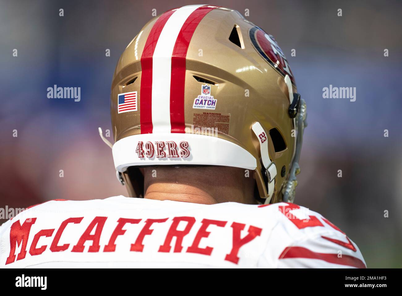 San Francisco 49ers running back Christian McCaffrey's helmet before an NFL  football game against the Los Angeles Rams, Sunday, Oct. 30, 2022, in  Inglewood, Calif. (AP Photo/Kyusung Gong Stock Photo - Alamy