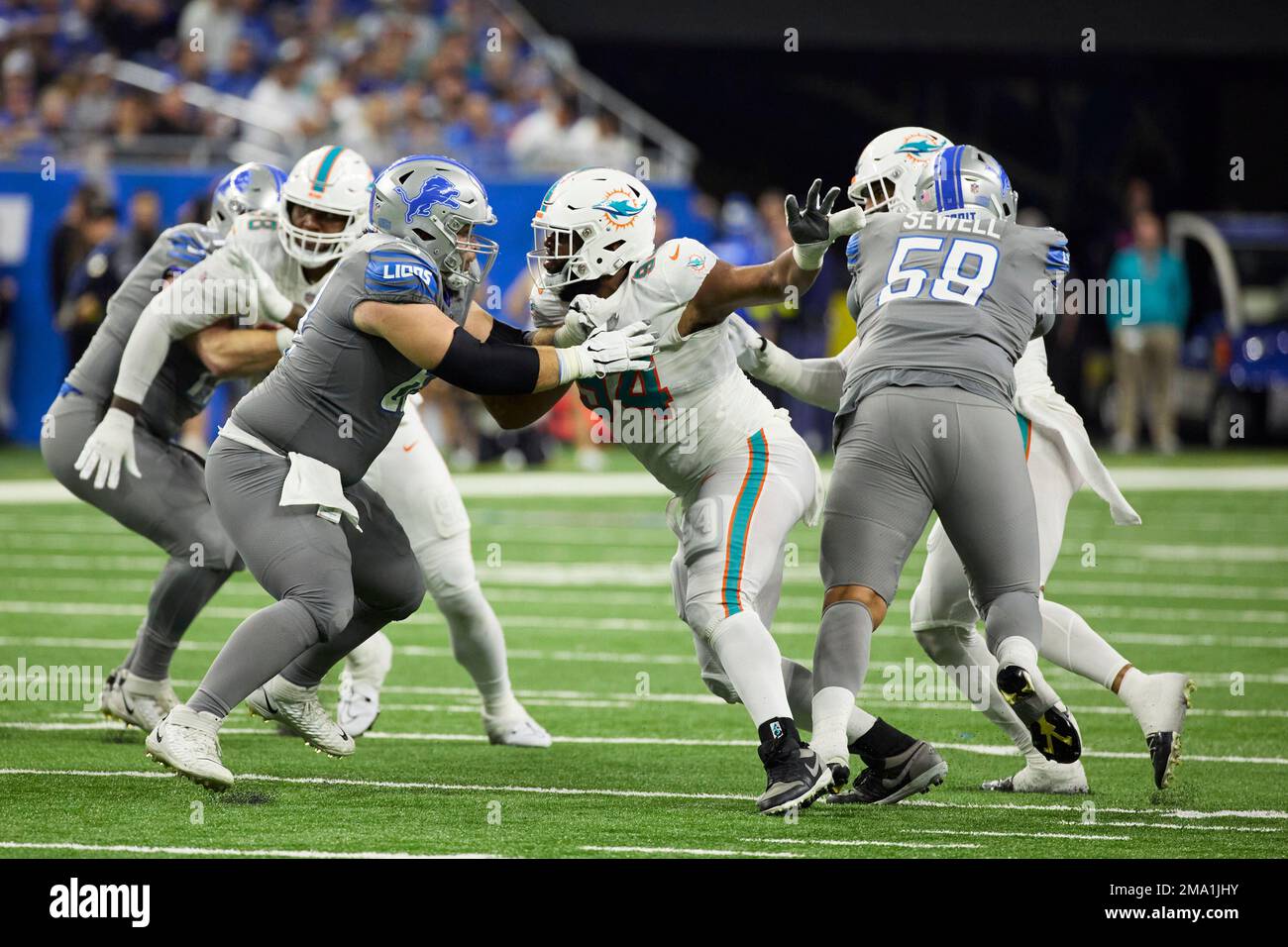 Detroit Lions center Evan Brown (63) blocks Miami Dolphins