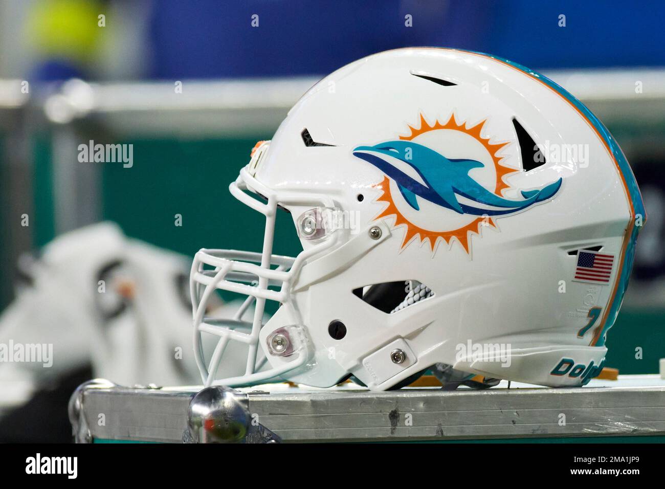 Miami Dolphins helmet on the sideline against the Detroit Lions