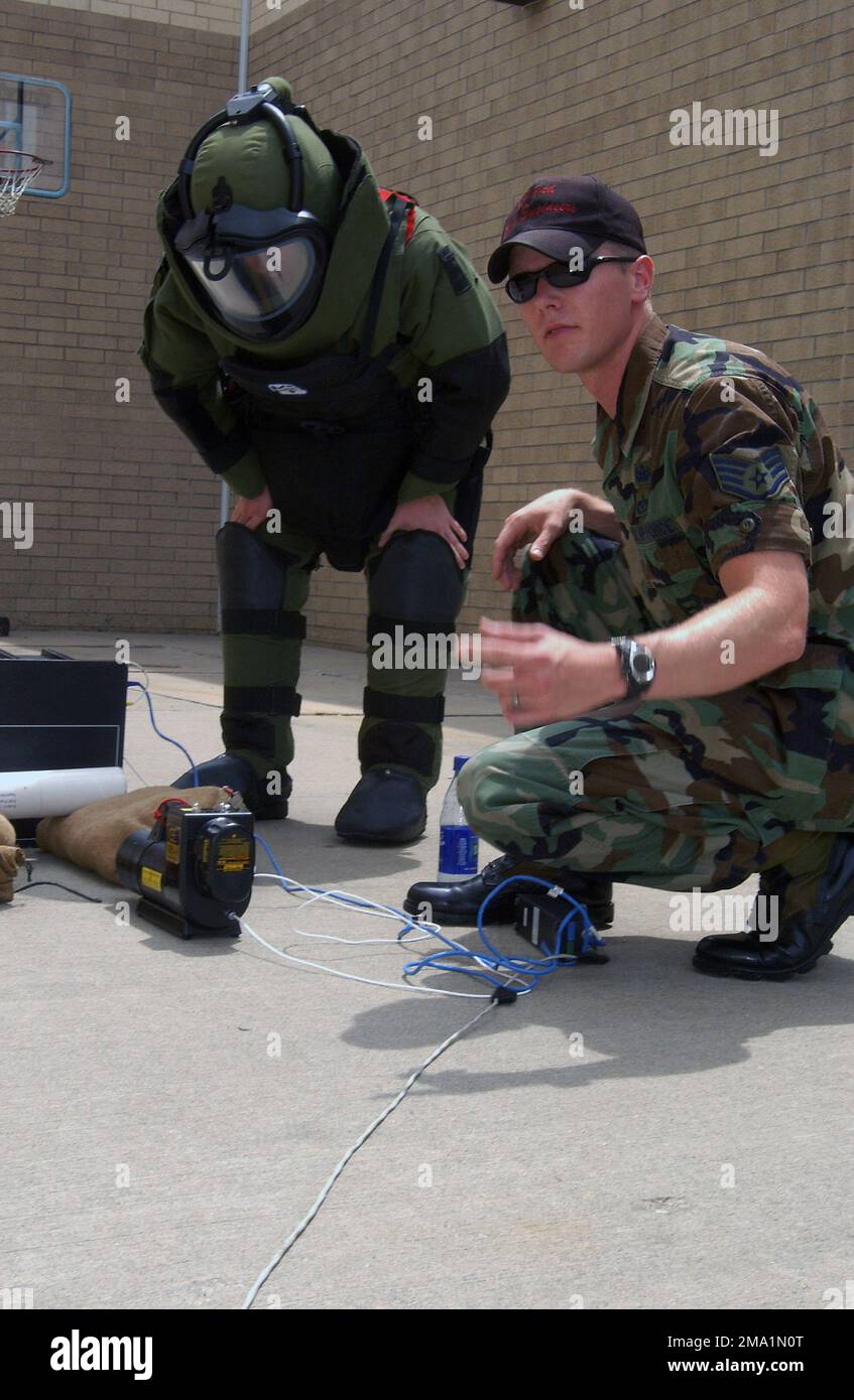 040616-F-4794N-003. [Complete] Scene Caption: US Air Force (USAF) AIRMAN First Class (A1C) Sean McLaughlin wearing the Explosive Ordnance Disposal Bomb suit (EOD-8), and USAF STAFF Sergeant (SSGT) Michael Becker, 509th Civil Engineering Squadron (CES), Explosive Ordnance Disposal (EOD) Flight take a moment to describe different possibilities for operating and setting up the Real Time X-Ray (RTR-4) equipment, during a training session at Whiteman Air Force Base (AFB), Missouri (MO). The EOD Flight's primary duty is to support Whiteman AFB, the B-2 Spirit bomber and weapon systems, local and sur Stock Photo