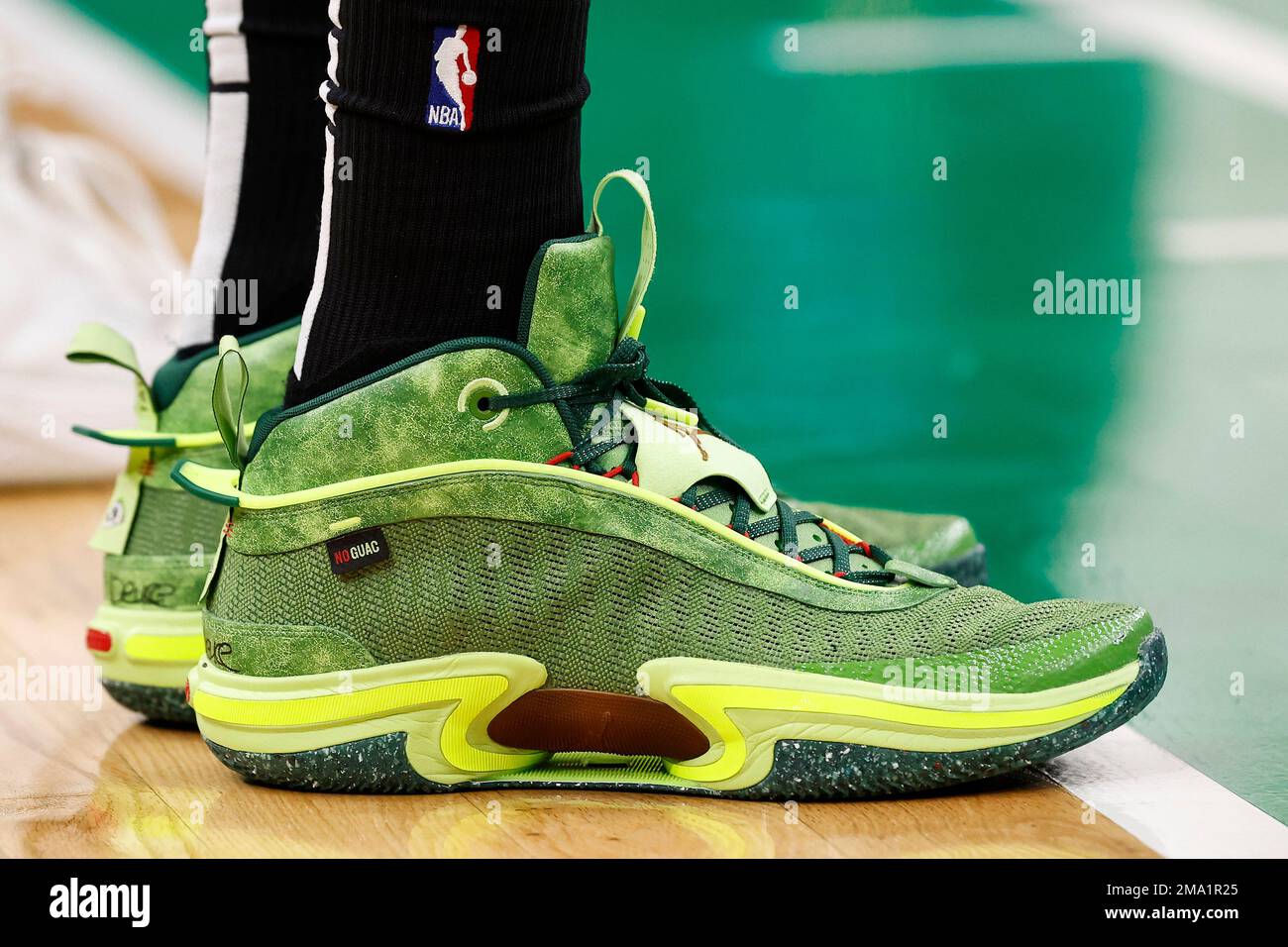 Boston Celtics' Jayson Tatum's Jordan 36 PE No Guac shoes are seen during  the second quarter of an NBA basketball game between the Boston Celtics and  the Cleveland Cavaliers Friday, Oct. 28