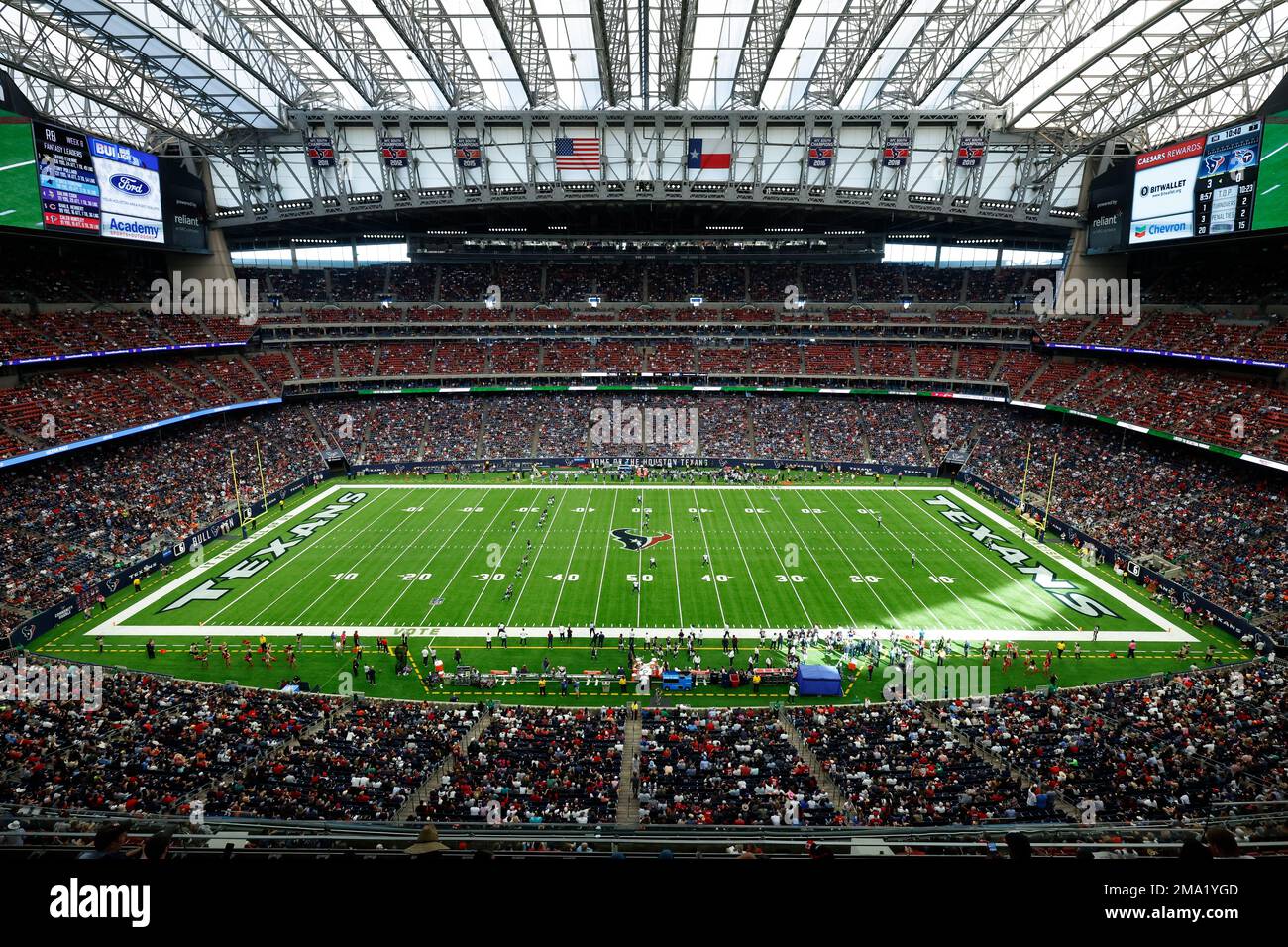 NFL action at NRG Stadium is seen in a general upper level view from  midfield during an NFL football game between the Tennessee Titans and the  Houston Texans on Sunday, October 30