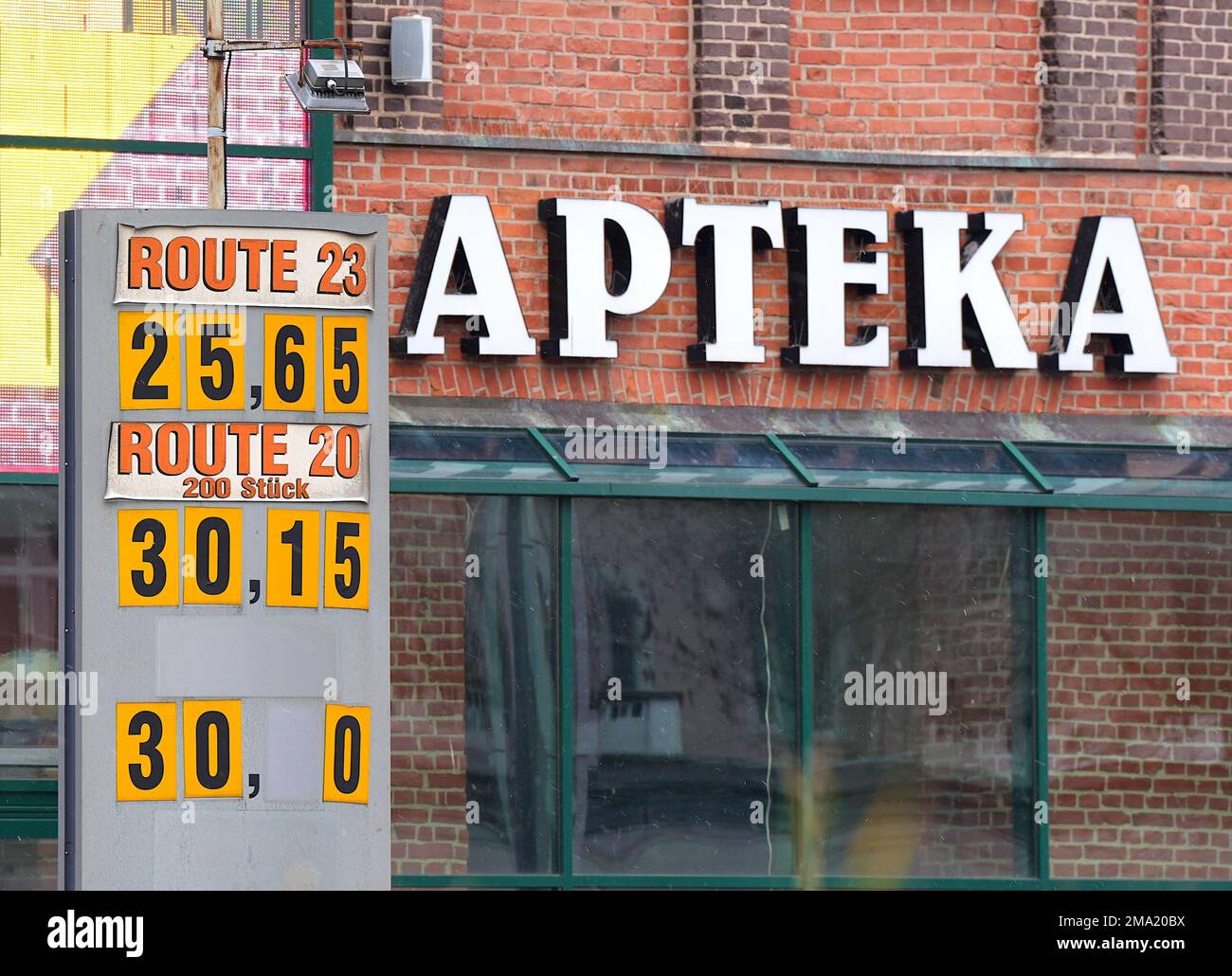 Slubice, Poland. 18th Jan, 2023. The lettering 'Apteka' hangs above the front door to a pharmacy in the city center. Credit: Soeren Stache/dpa/Alamy Live News Stock Photo