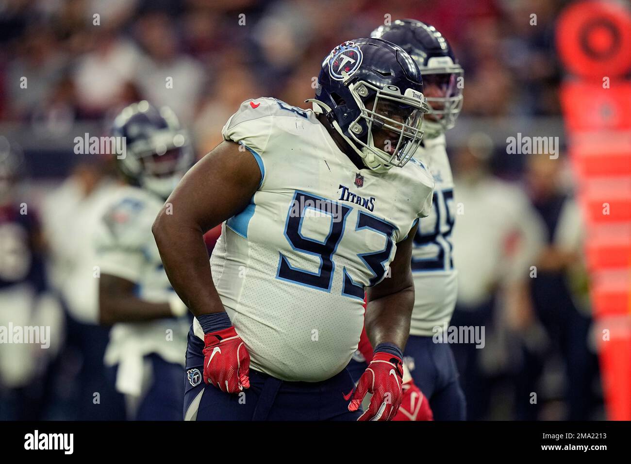 Tennessee Titans defensive tackle Teair Tart (93) stands on the field  before an NFL football game against the Las Vegas Raiders Sunday, Sept. 25,  2022, in Nashville, Tenn. (AP Photo/John Amis Stock