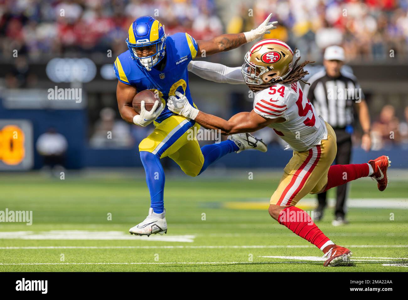 Los Angeles Rams running back Ronnie Rivers (30) runs the ball against the  San Francisco 49ers in an NFL football game, Sunday, Oct. 30, 2022, in  Inglewood, Calif. The 49ers won 31-14. (