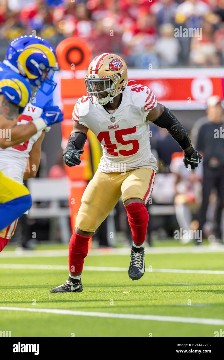 San Francisco 49ers linebacker Demetrius Flannigan-Fowles (45) against the  Los Angeles Rams in an NFL football game, Sunday, Oct. 30, 2022, in  Inglewood, Calif. The 49ers won 31-14. (AP Photo/Jeff Lewis Stock