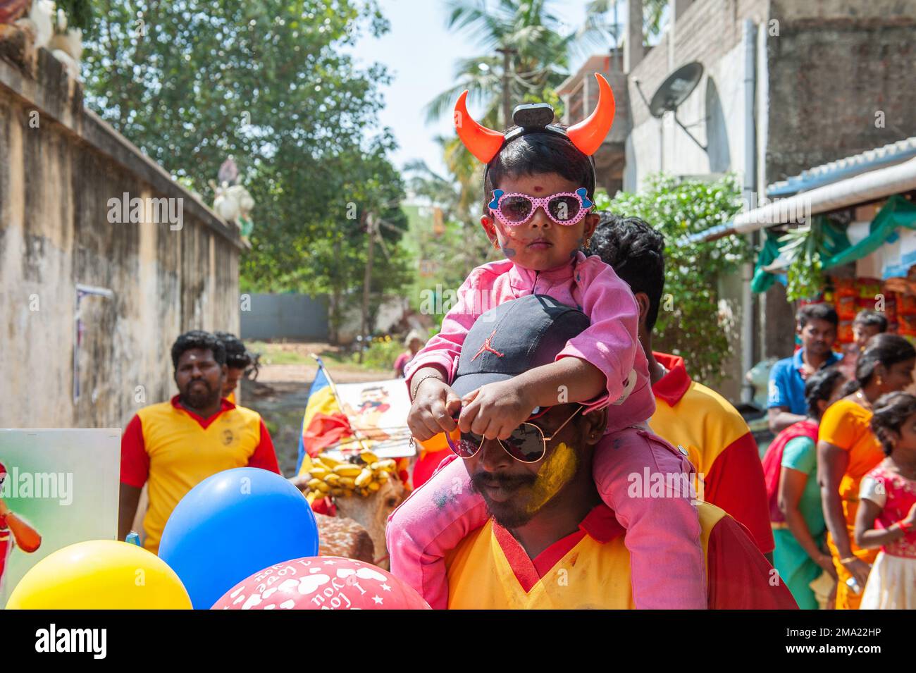 Kuilapalayam, India - 17th January 2023: Pongal Festival. The parade in the village before the cow race. Stock Photo
