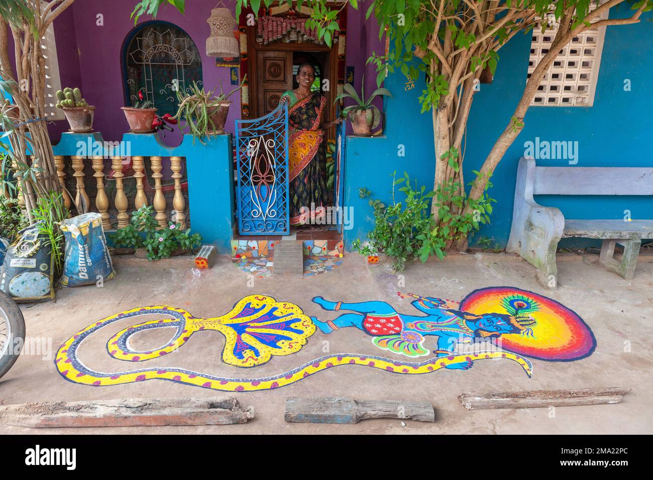 Kuilapalayam, India - 17th January 2023: Pongal Festival. Kolam drawn in front of a house of the village Stock Photo