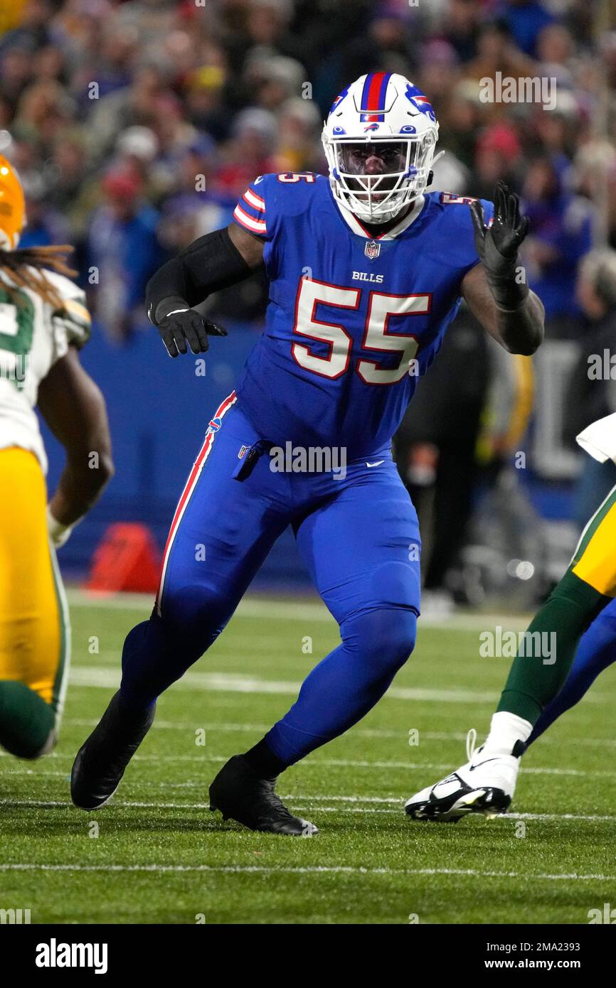 Buffalo Bills defensive end Boogie Basham (55) lines up for a play against  the Green Bay Packers during the first half of an NFL football game,  Sunday, Oct. 30, 2022, in Buffalo