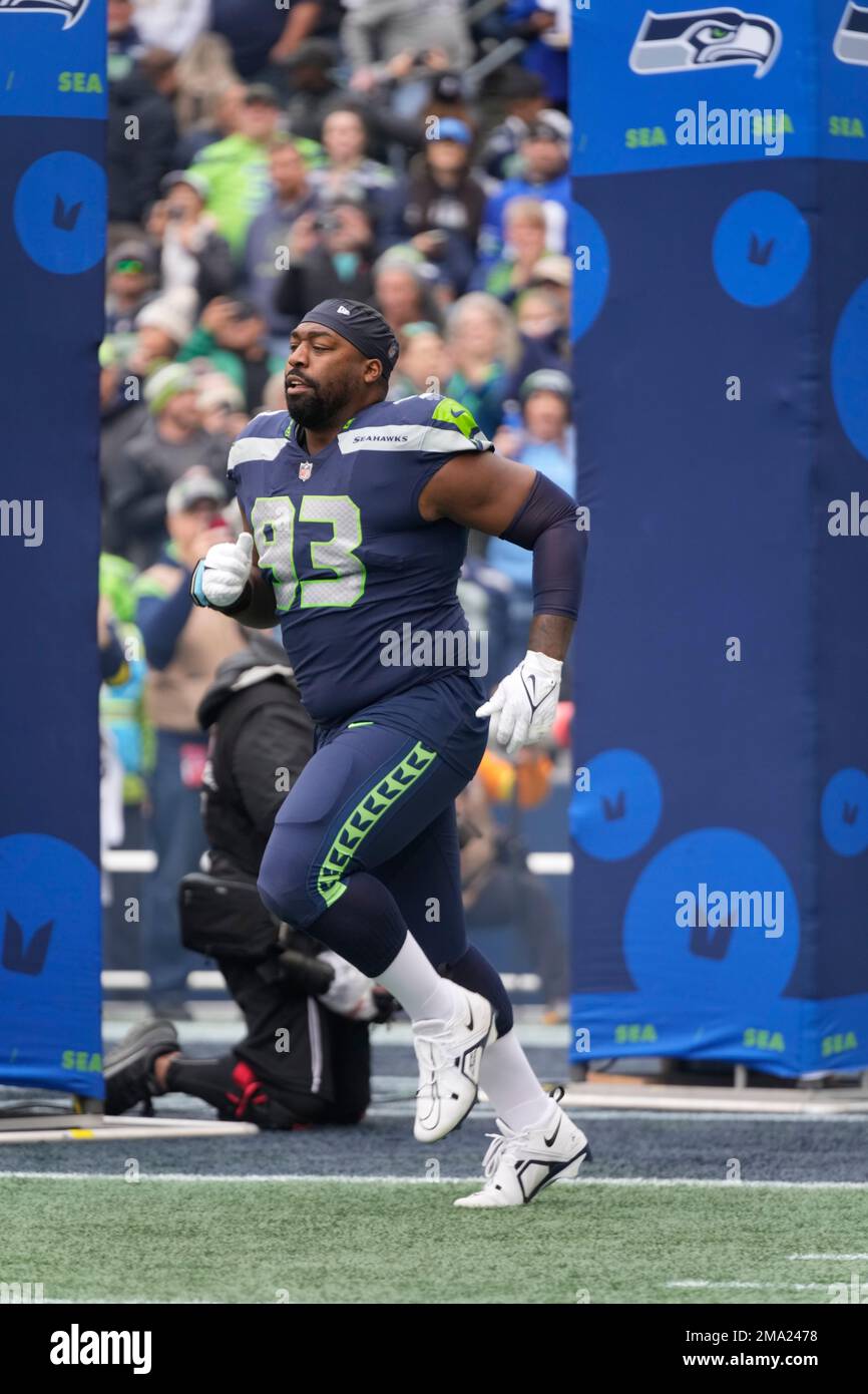 Seattle Seahawks defensive end Shelby Harris (93) runs onto the field  before an NFL football game against the New York Giants, Sunday, Oct. 30,  2022, in Seattle, WA. The Seahawks defeated the