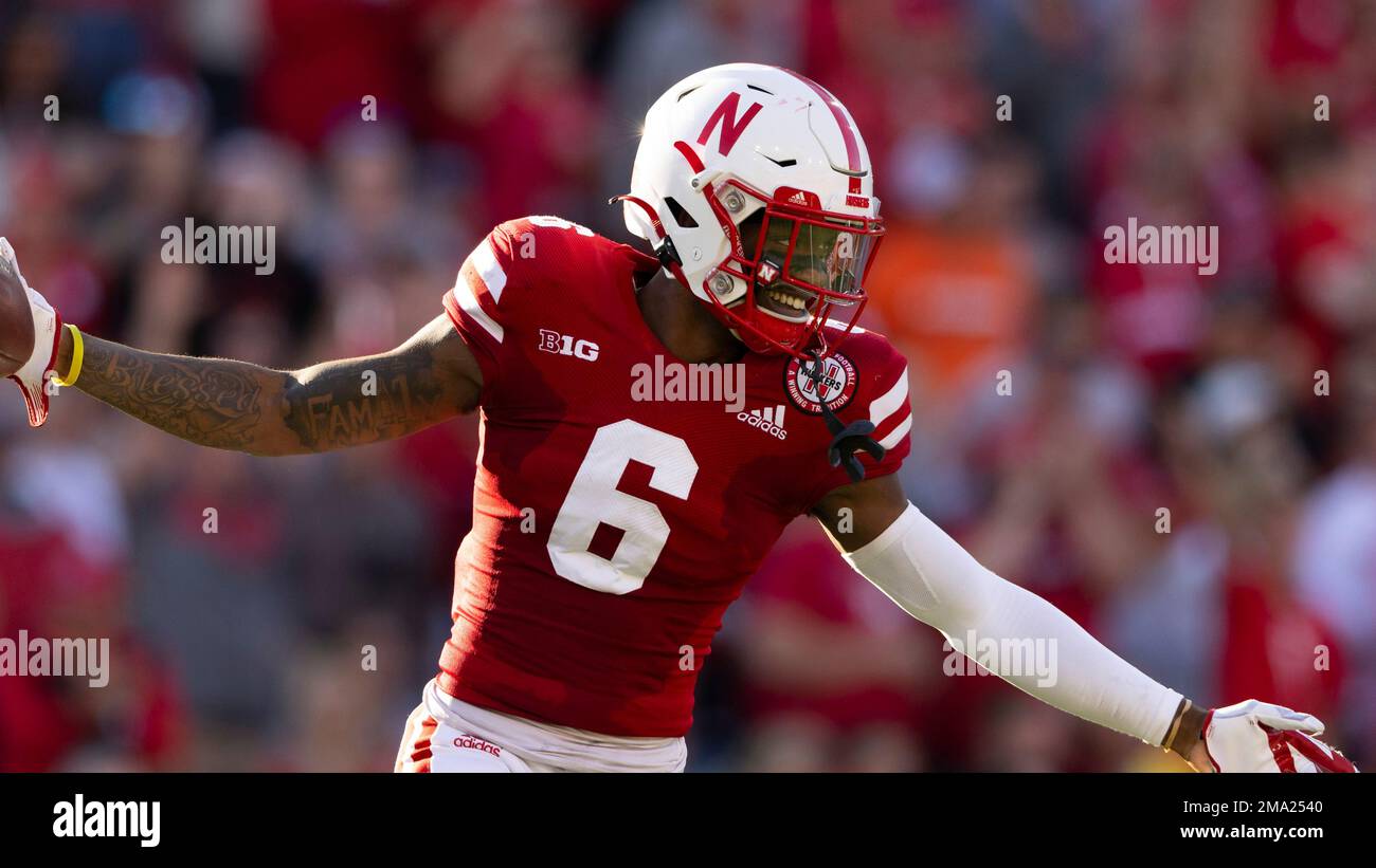 Nebraska defensive back Quinton Newsome (6) celebrates after recovering