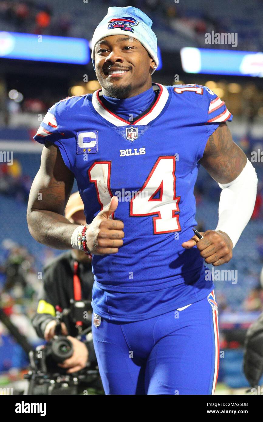 Buffalo Bills wide receiver Stefon Diggs (14) runs off the field after an  NFL football game against the Green Bay Packers, Sunday, Oct. 30, 2022, in  Orchard Park, N.Y. (AP Photo/Bryan Bennett