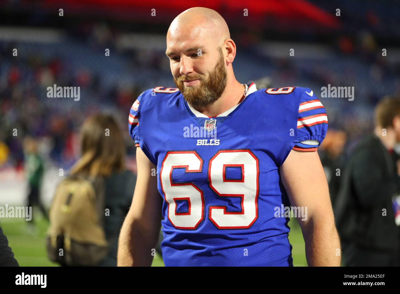 Buffalo Bills long snapper Reid Ferguson (69) speaks with officials after a  point after try against the Washington Football Team during the first  quarter of an NFL football game, Sunday, Sept. 26