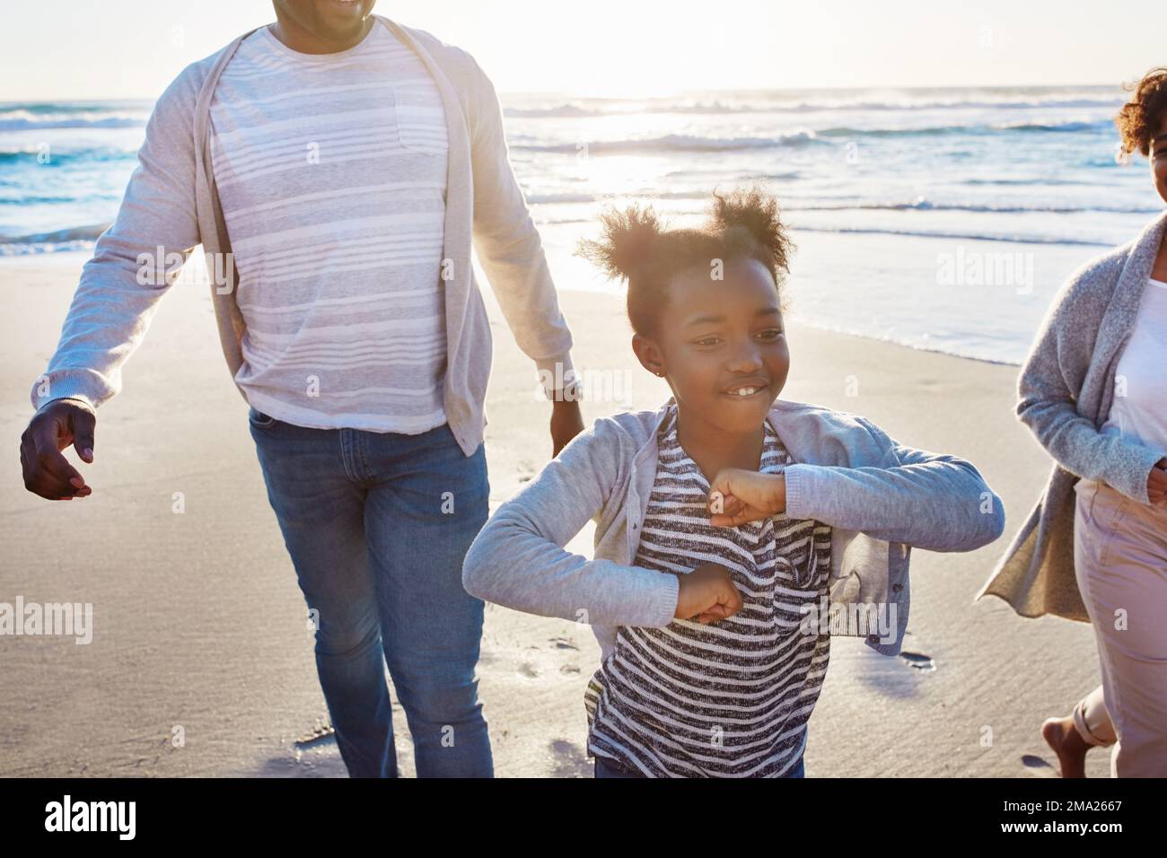 Black family, beach and father walking, kids playing and enjoy fun ...