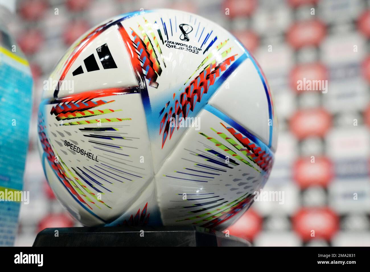 A miniature soccer ball is displayed prior to the announcement of he