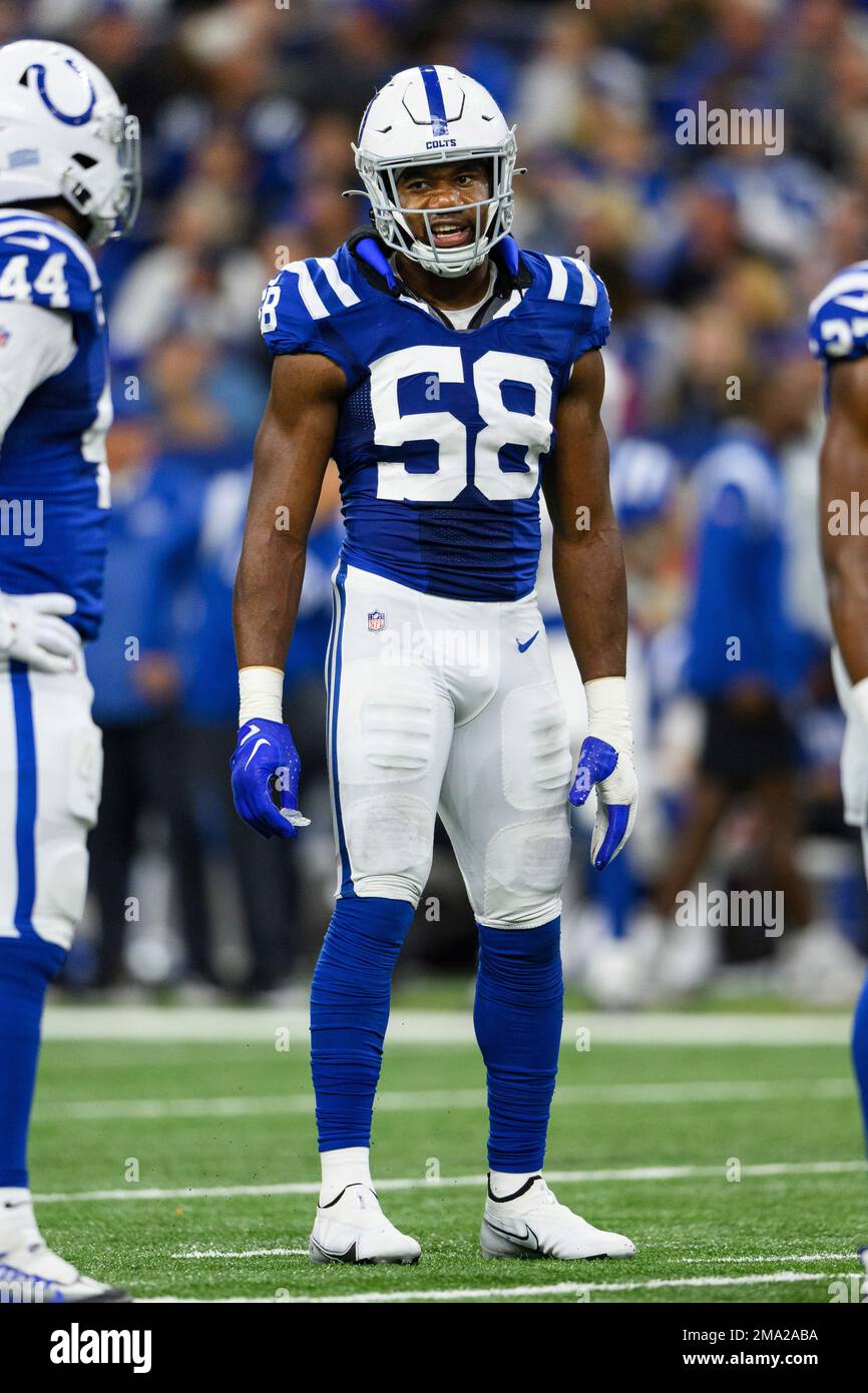 Indianapolis Colts linebacker Bobby Okereke (58) lines up on defense during  an NFL football game against the Washington Commanders, Sunday, Oct. 30,  2022, in Indianapolis. (AP Photo/Zach Bolinger Stock Photo - Alamy