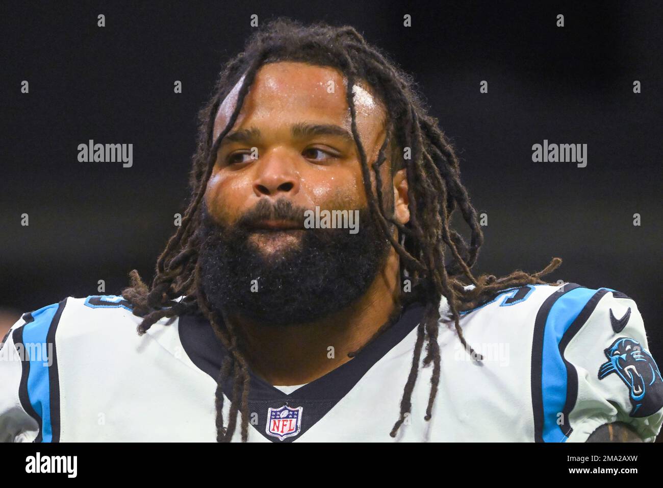 Carolina Panthers defensive tackle Bravvion Roy (93) looks on during an NFL  football game against the Minnesota Vikings, Sunday, Oct. 17, 2021, in  Charlotte, N.C. (AP Photo/Jacob Kupferman Stock Photo - Alamy