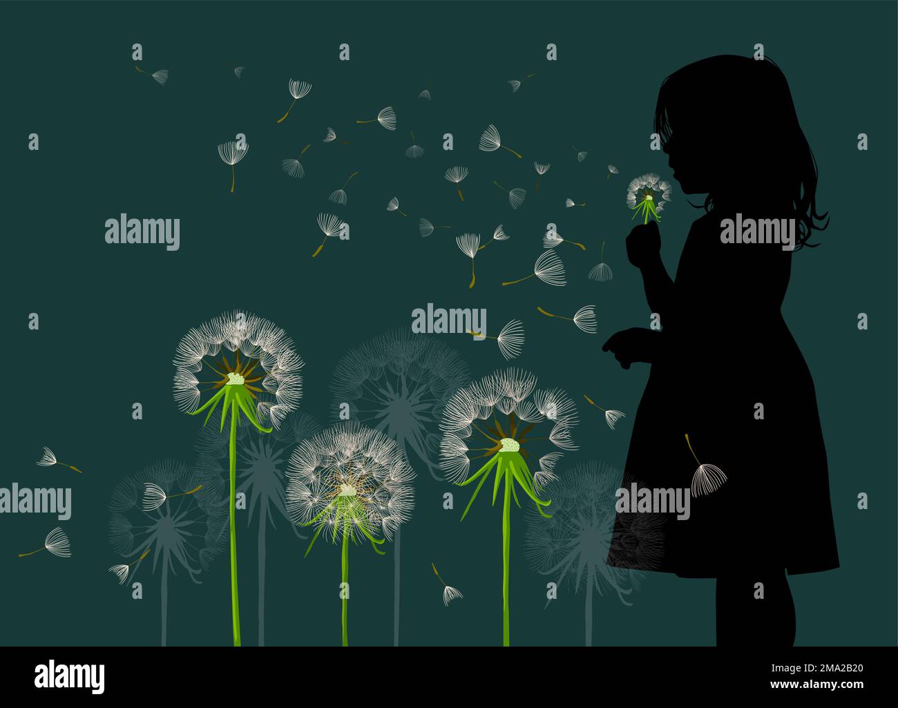 Girl with dandelions on a dark background. Vector illustration Stock Vector