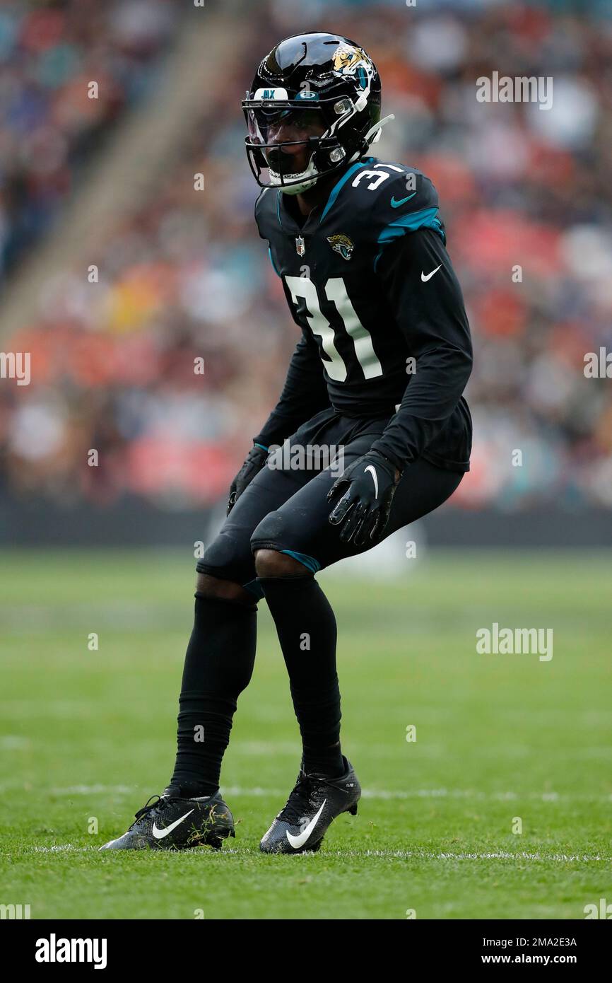 Jacksonville Jaguars cornerback Darious Williams (31) in coverage during an  NFL football game against the Denver Broncos at Wembley Stadium in London,  Sunday, Oct. 30, 2022. The Denver Broncos defeated the Jacksonville