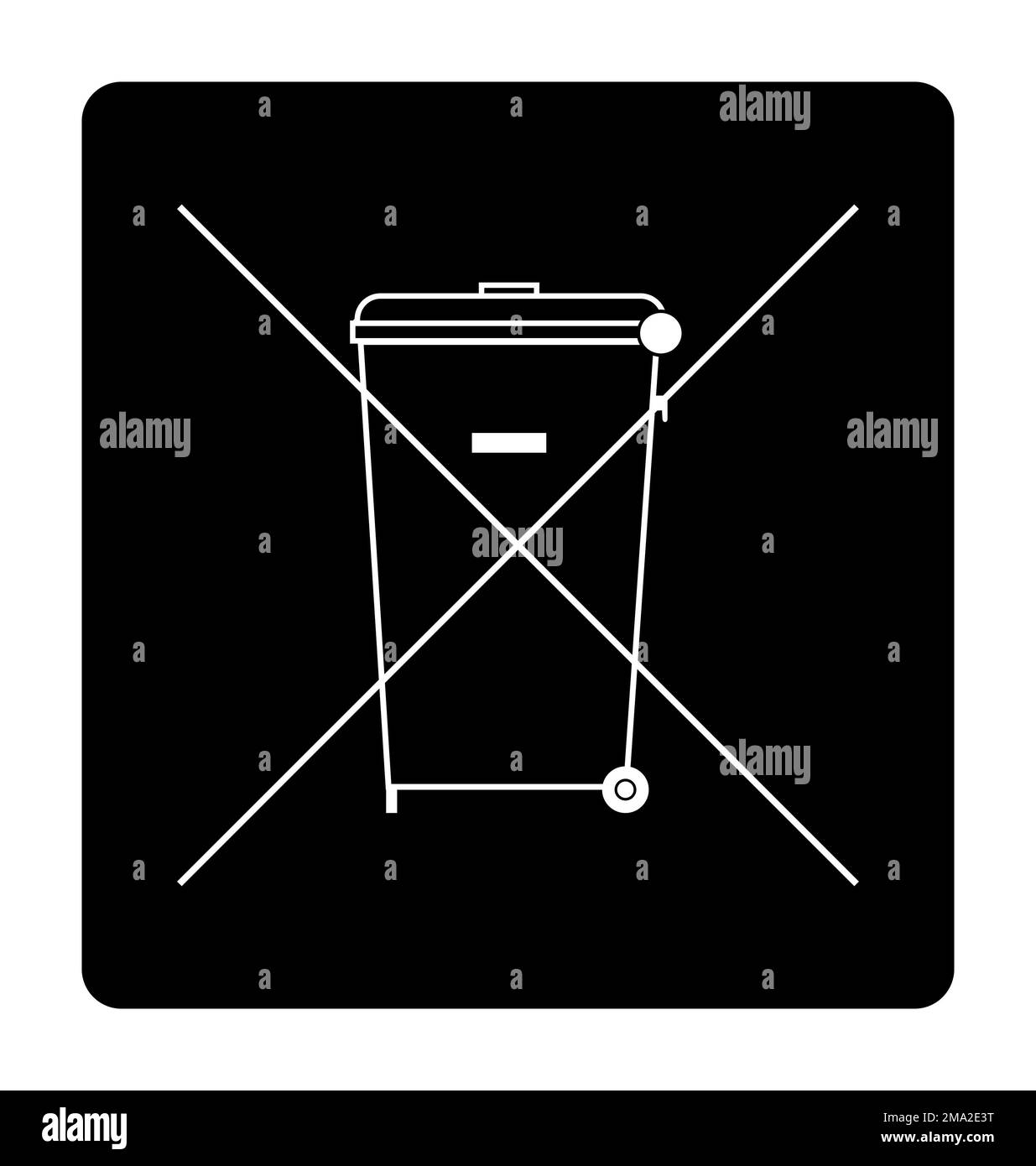 The Crossed Out Wheelie Bin Symbol , Waste Electrical and Electronic Equipment recycling sign. Do not throw in trash. Trash bin icon on black backgrou Stock Photo