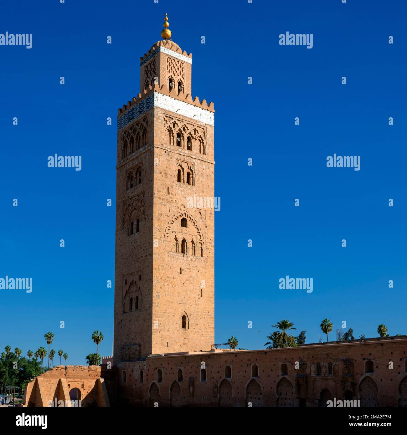 Vertical view of famous Koutoubia mosque, Marrakech, Morocco. Stock Photo