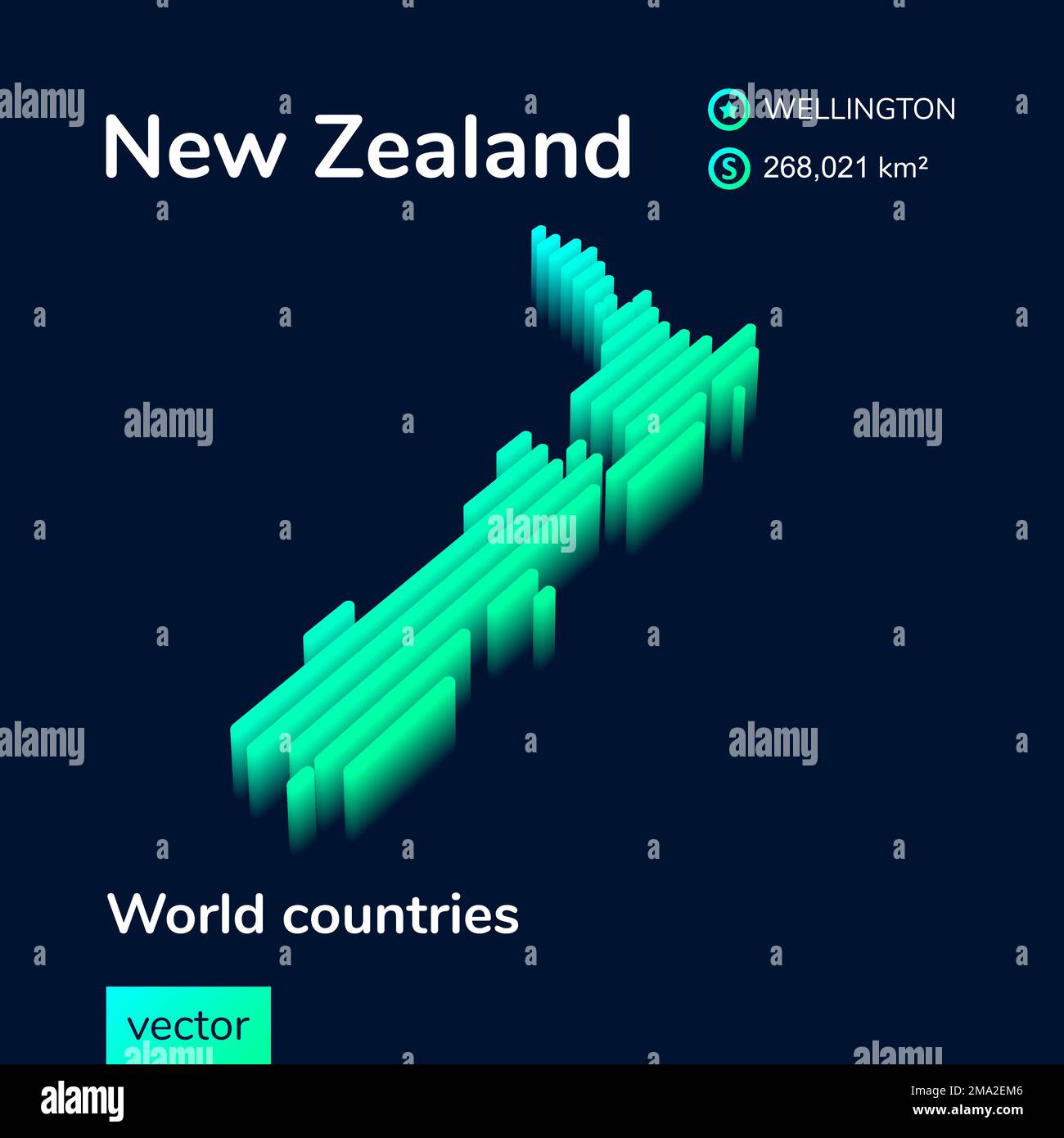 New Zealand 3D map. Stylized neon simple digital isometric striped