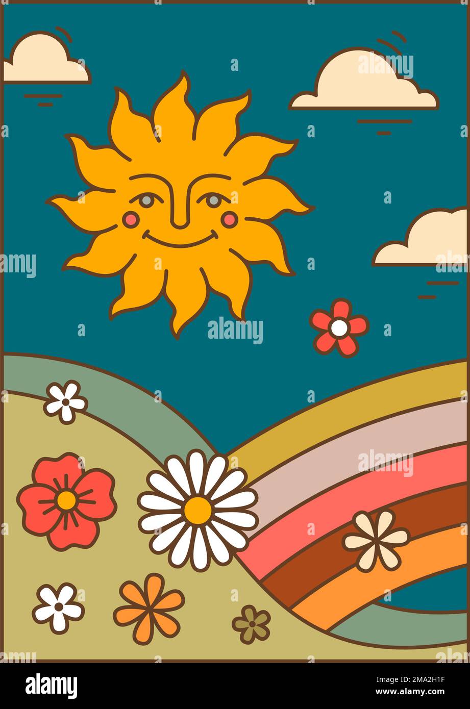 Smiling sun character over meadow with rainbow Stock Vector