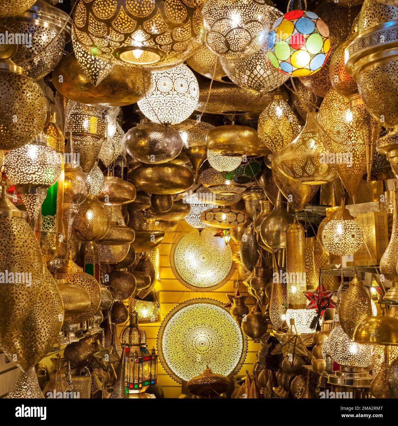 Vertical view of lighting shop in a market of marrakech, Morocco Stock Photo