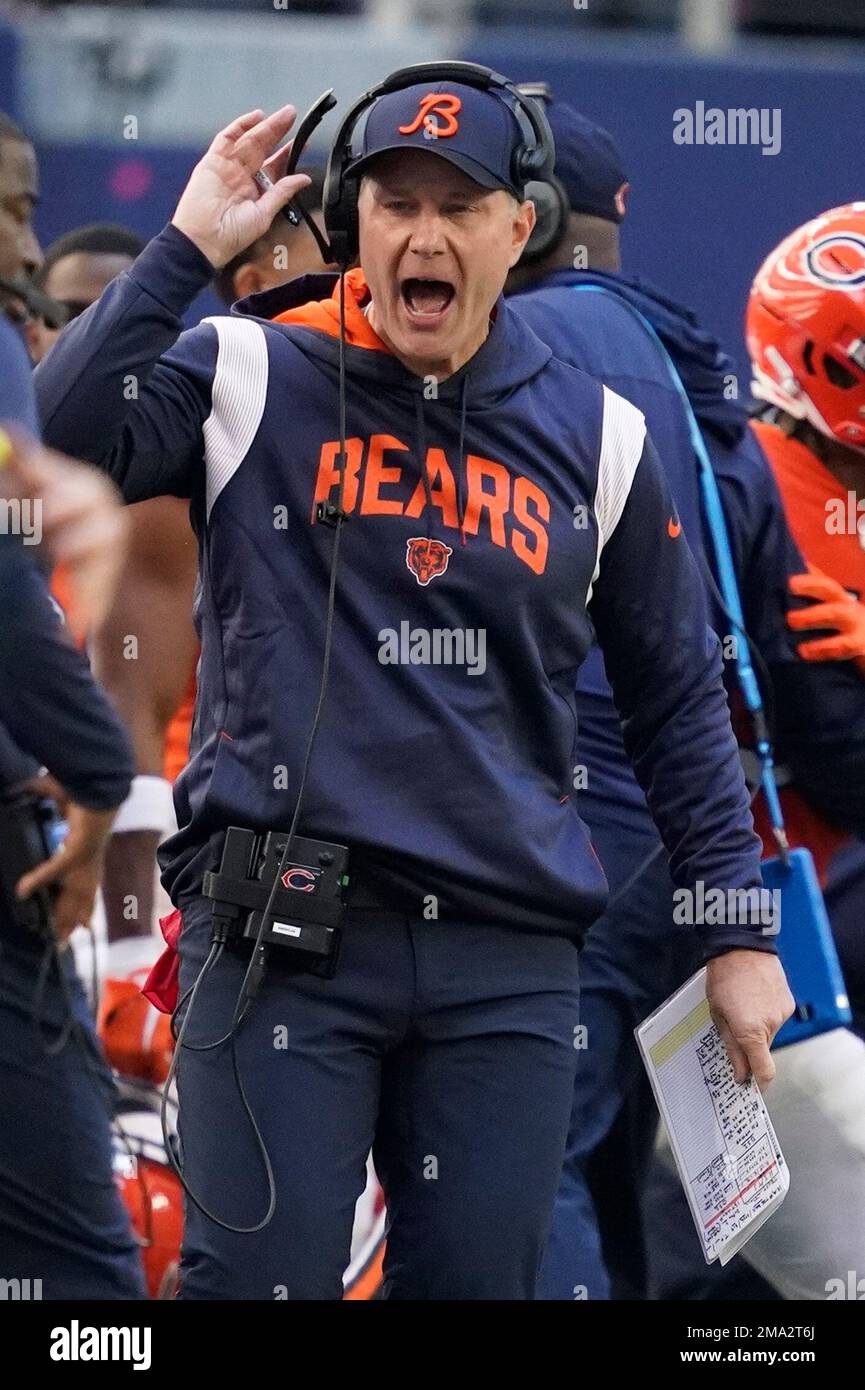 Chicago Bears head coach Matt Eberflus reacts during the first half of