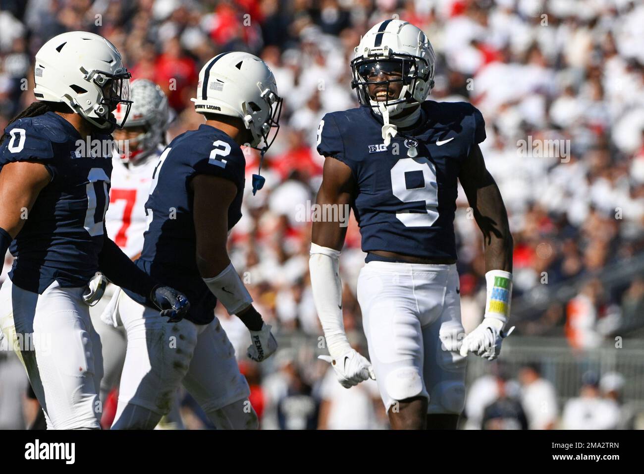 Penn State cornerback Joey Porter Jr. (9) reacts against Ohio State
